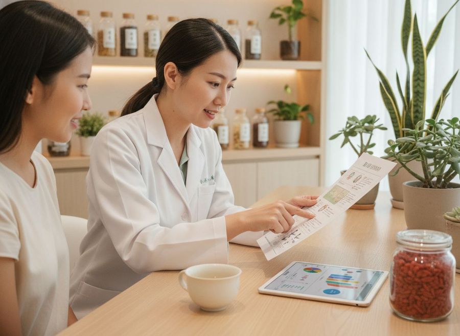 Personalised TCM consultation with herbal wellness chart in a modern Singapore clinic