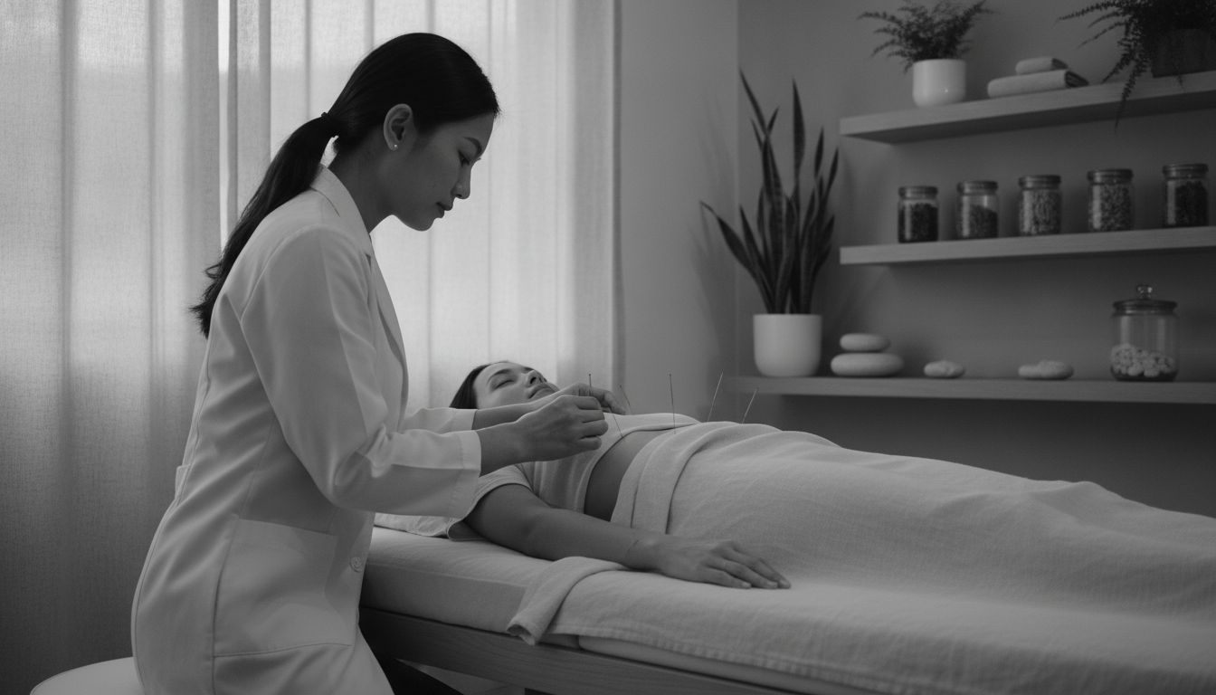 TCM practitioner performing acupuncture slimming treatment in a warm modern Singapore clinic