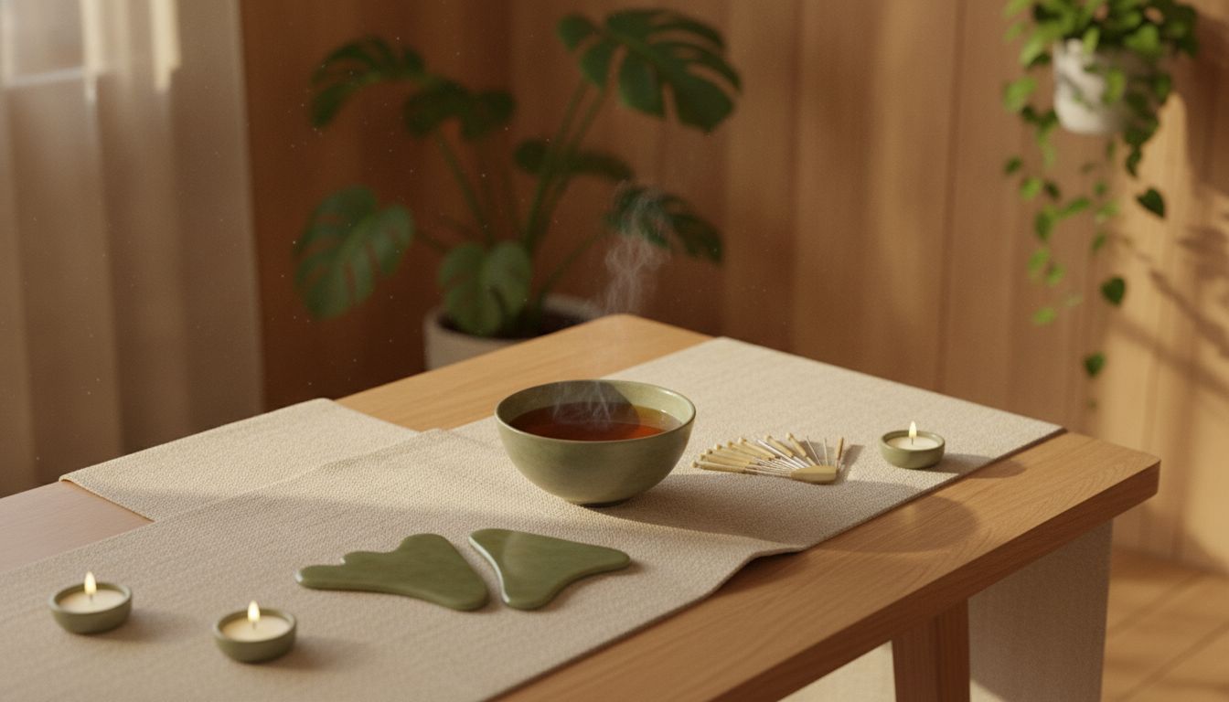 Warm TCM wellness scene with herbal tea, gua sha tools and acupuncture needles